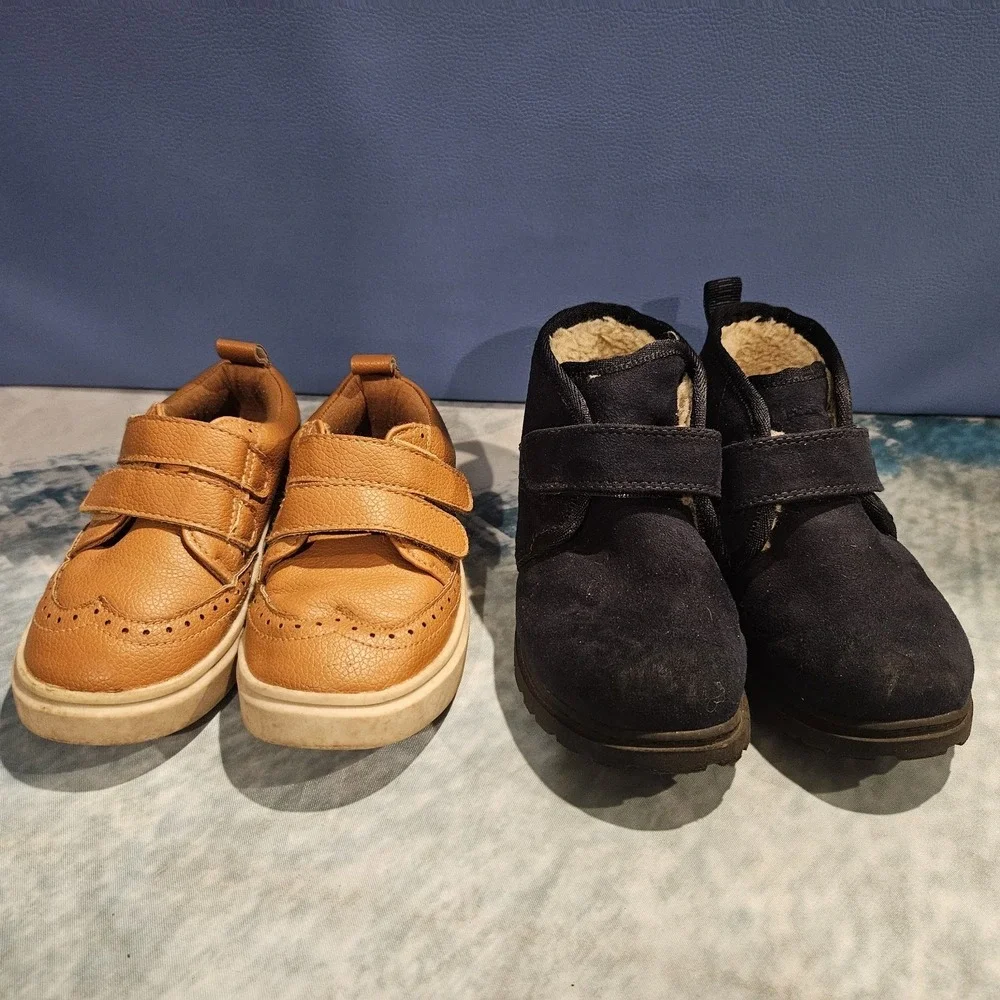 Toddler Boys Shoes 2 Pairs Size 8 Brown Wingtip Sneakers Navy Fleece Lined Boots
